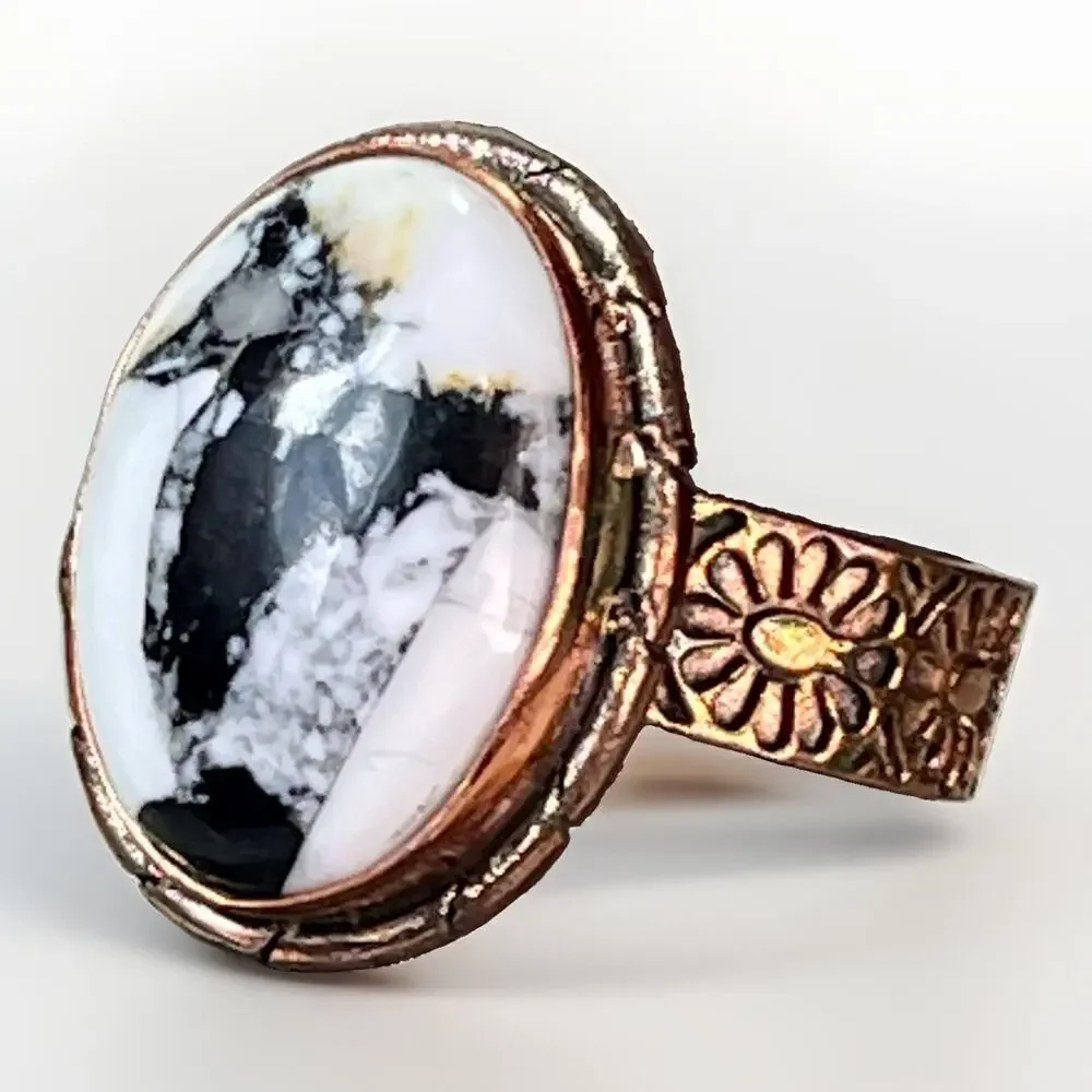 White Buffalo Turquoise Southwestern Copper Cigar Band Adjust Ring Hand Stamped